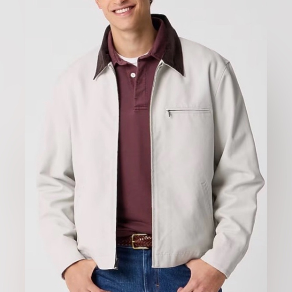 J. Crew Light Beige Canvas Work Jacket with Dark Brown Collar